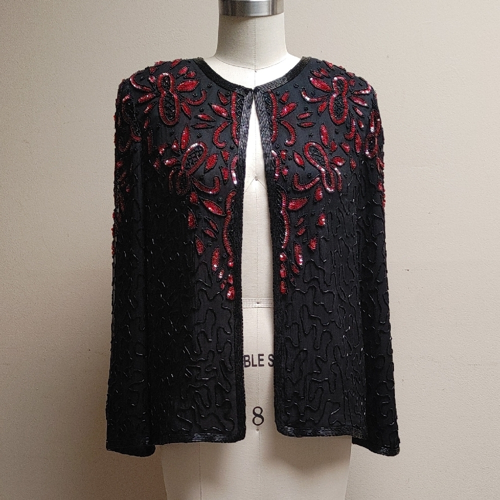 AP Ltd Black Silk Beaded w Red Sequins Top Size M